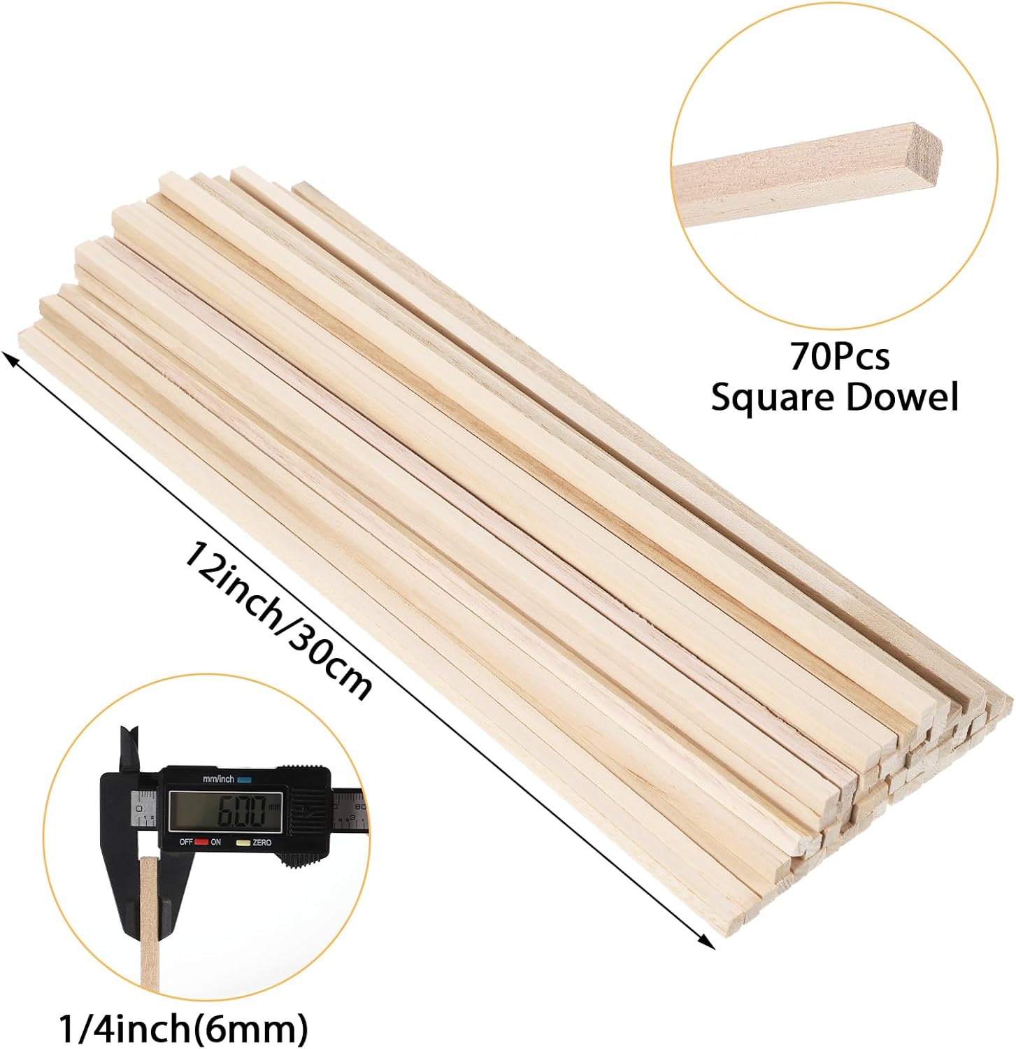 70 Pieces 1/4" x 12" Balsa Wood Sticks, Square Dowels, Wood Strips, Hardwood Sticks for Crafts DIY Projects Model Making