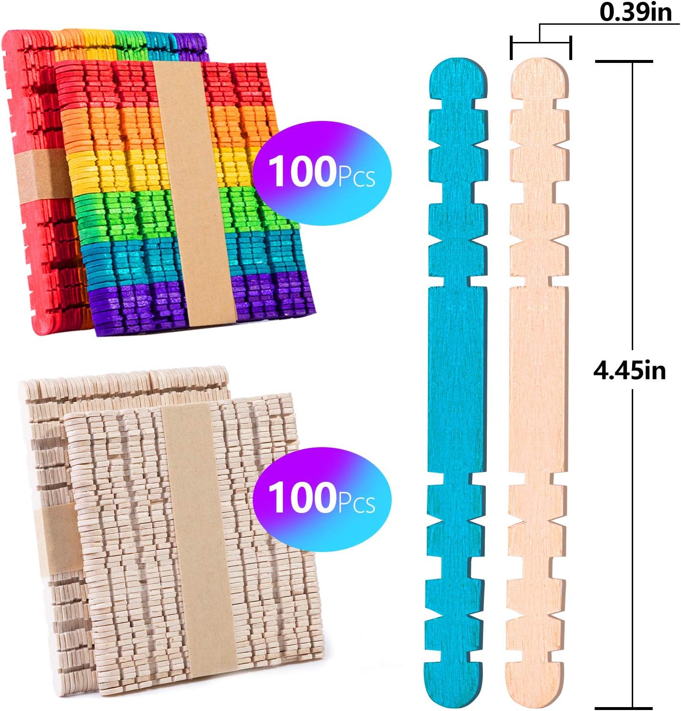 Colorful Wooden Craft Sticks, 200 Popsicle Sticks for Crafts, Natural Giant Sawtooth Wood Sticks for DIY Crafts, Educational Supplies for Kids