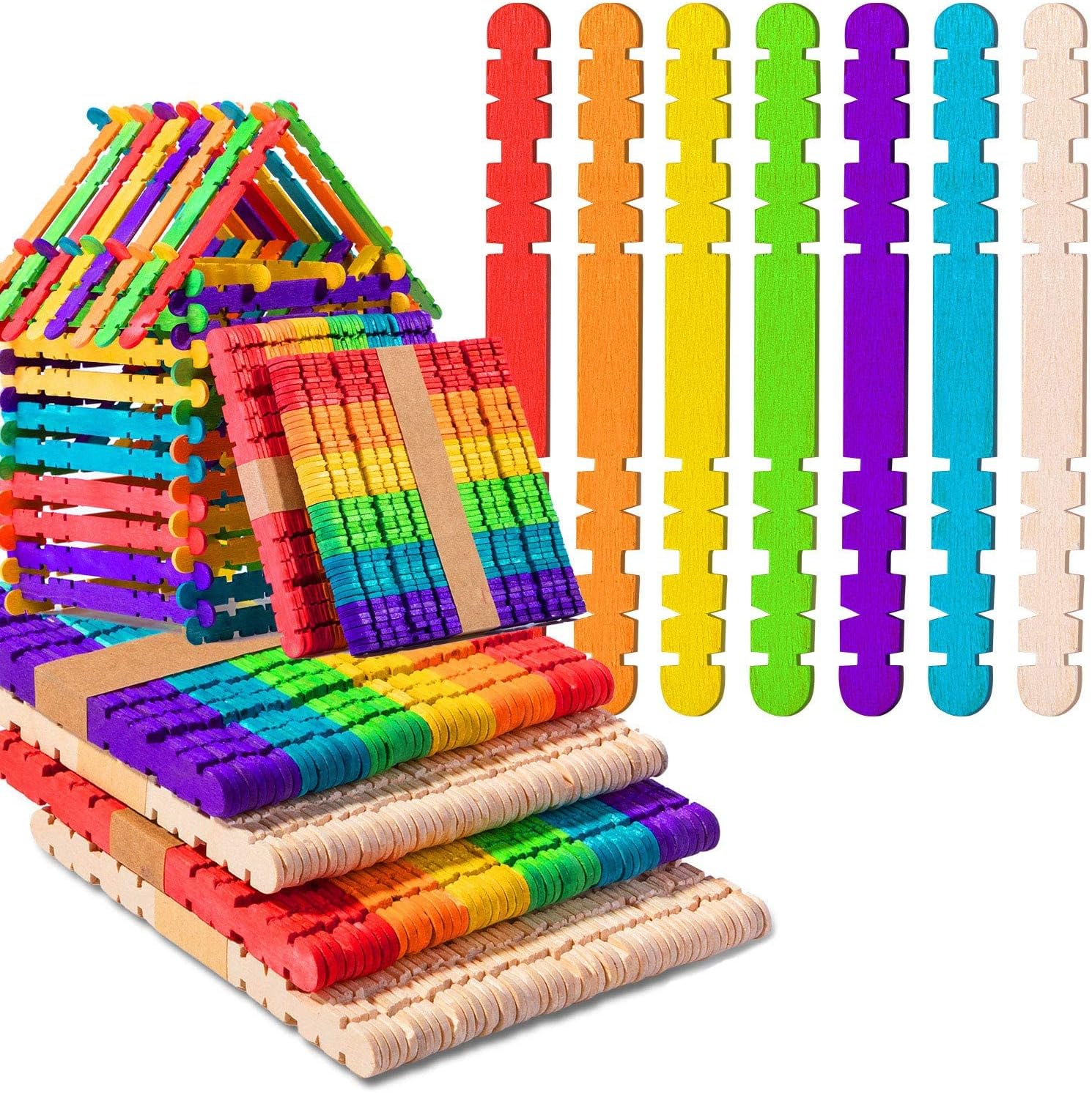 Colorful Wooden Craft Sticks, 200 Popsicle Sticks for Crafts, Natural Giant Sawtooth Wood Sticks for DIY Crafts, Educational Supplies for Kids