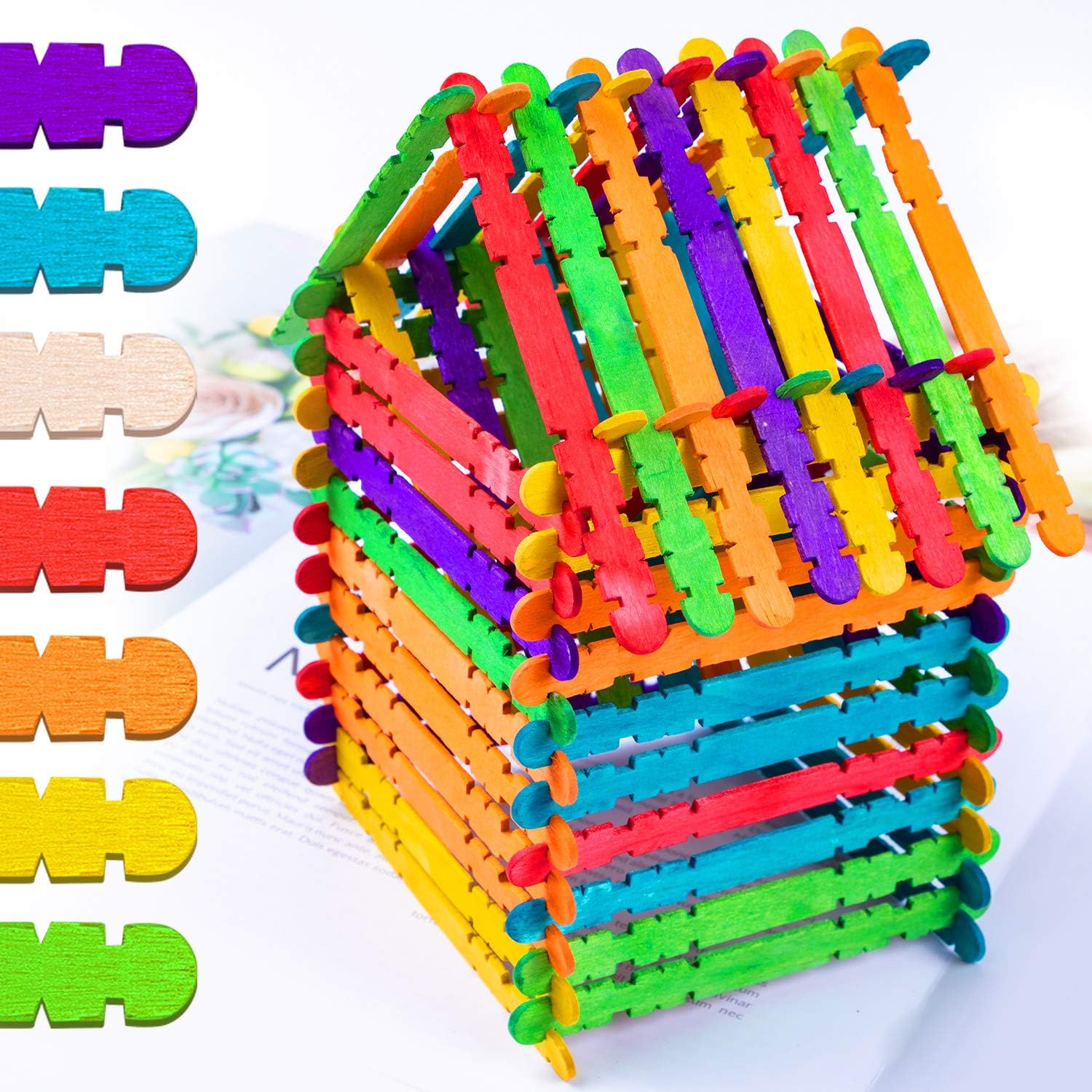 Colorful Wooden Craft Sticks, 200 Popsicle Sticks for Crafts, Natural Giant Sawtooth Wood Sticks for DIY Crafts, Educational Supplies for Kids
